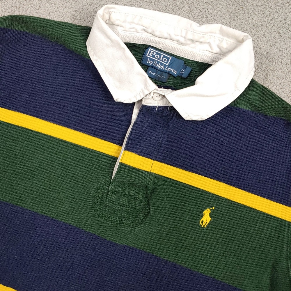 Polo Ralph Lauren Rugby Shirt - Men XL Green Navy Yellow Striped Custom Fit Tee